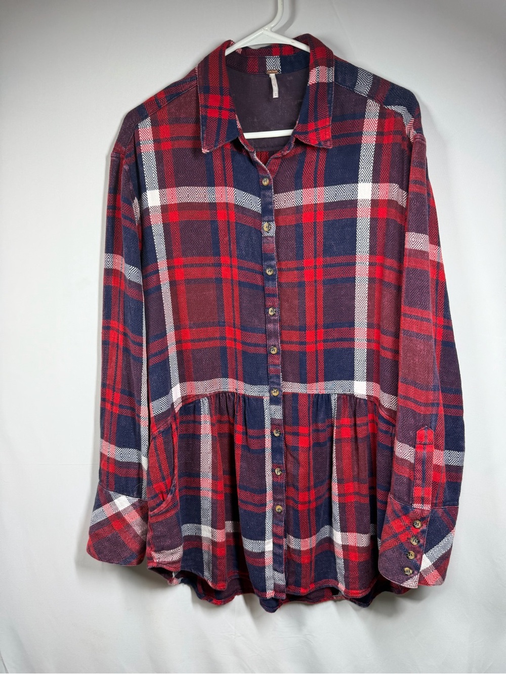 Free People Navy and Red Plaid Button-Up Peplum Top Size M